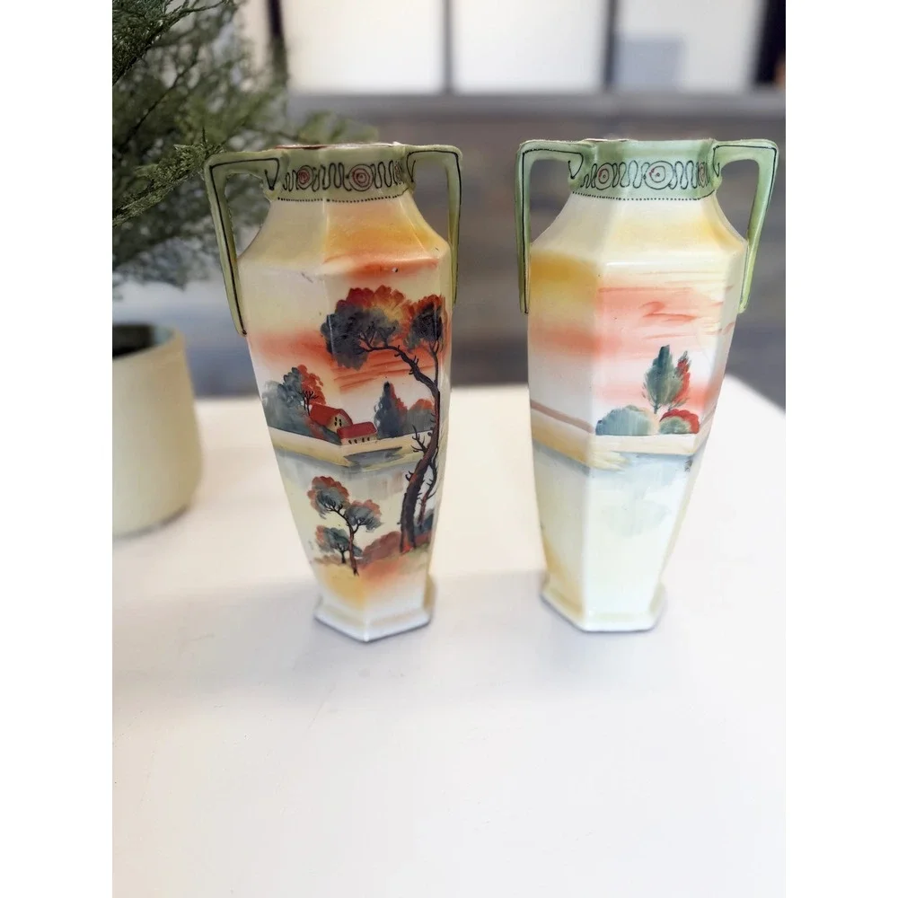 Antique Nippon Hand Painted Landscape Vases Moriage Gilt Porcelain Pair 9.5